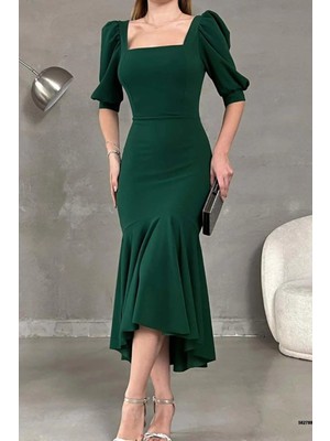 Ezraa Yeşil Kare Yaka Kısa Prenses Kol Krep Kumas Uzun Elbise