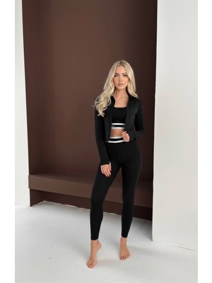 Parmak Geçmeli Üçlü Yoga, Spor, Egzersiz,yürüyüş Takım - Büstiyer, Tayt, Ceket (Aloyazılı)