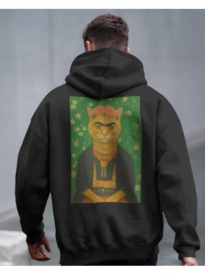 Muhtar Store Frida Kedi Tasarımlı Siyah Unisex Kapüşonlu Sweatshirt – Sanatsal & Retro Hoodie