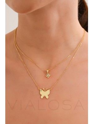 Normadia Parlak Yonca ve Kelebek Zirkon Taşlı Kadın Çelik Kolye