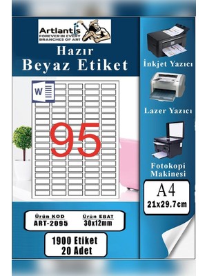 Artlantis A4 Hazır Etiket 30X12 mm 20 Sayfa 1 Paket 95 Li Kendinden Yapışkanlı Fotokopi Lazer Inkjet Kağıdı Yazıcılar Için Uyumlu