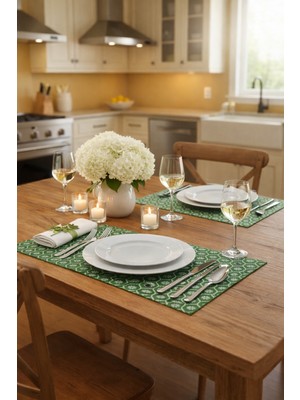 Rona Home Yeşil Çiçekli Petibör Formlu Leke Tutmaz Kumaş 6 Kişilik Servis Altlığı Seti