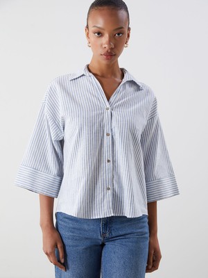 Lc Waikiki Yeni Sezon Çizgili Keten Karışımlı Oversize Kadın Gömlek