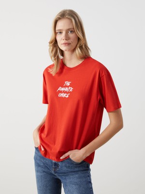 Lc Waikiki Yeni Sezon Bisiklet Yaka Baskılı Oversize Kadın Tişört