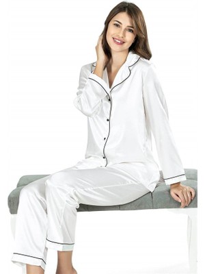 Red Womans Ekru Ikili Saten Gecelik Pijama Takımı 7647