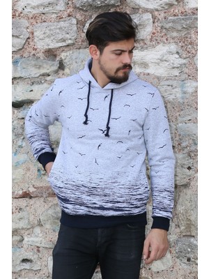 Evolaria Üç Iplik Kapşonlu Martı Desenli Erkek Günlük Sweatshirt