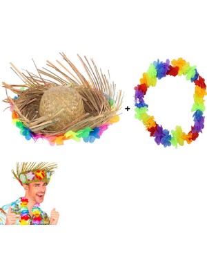 EkoAlışverişDünyam Hawaii Tarzı Tropikal Çiçekli Hasır Şapka ve Çiçekli Hawaii Kolye