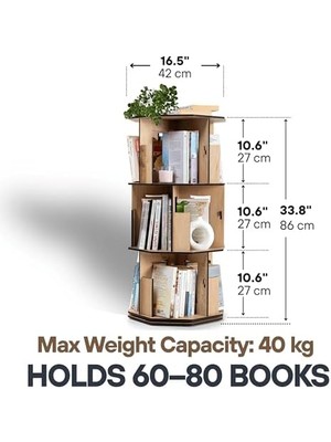 360° Döner Kitaplık – Modern ve Dekoratif Çok Katmanlı Ahşap Kitap ve Dergi Rafı (Meşe, 3 Raflı)