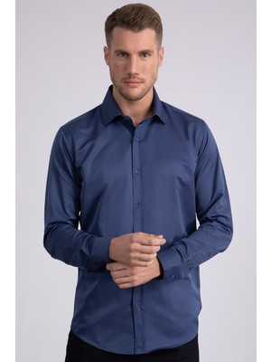 Tudors Erkek Modern Slim Fit Düz Saten Pamuklu Lacivert Gömlek