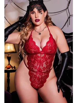 Marsilyan Kırmızı Dantelli Büyük Beden Babydoll Gecelik BRF1305