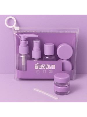 Sanal Trend 6 Parça Mor Renk Seyahat Seti Şeffaf Çantalı Kozmetik Şişe Seti Boş Seyahat Şampuan Şişesi Seti