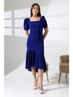 Ezraa Kare Yaka Kısa Prenses Kol Krep Kumas Uzun Elbise