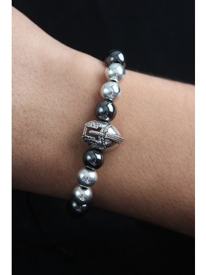 EkoAlışverişDünyam Doğal Taş Gladyatör Model Gümüş ve Füme Renk Asansörlü Erkek Bileklik - TJ-EB3758