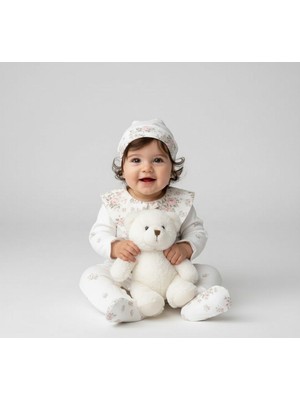 Bebeva Baby Kız Bebek %100 Pamuklu Nostaljik Dantel Yaka Detaylı Çiçek Desenli Şapkalı Premium Tulum