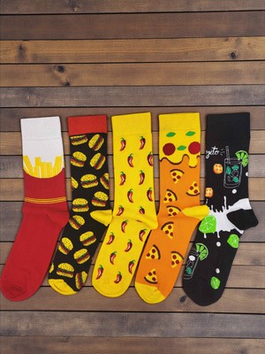 G Socks 5'li Patates Kızartması, Hamburger, Acı Biber, Pizza ve Mojito Desenli Renkli Çorap Seti