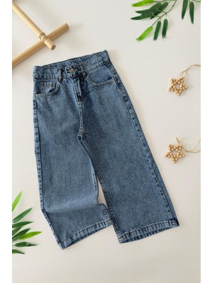 Miniğimin Cicileri Taş Detaylı  Geniş Paça Kız Çocuk Kot Pantolon - Mavi