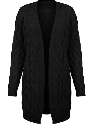 Evolaria Kadın Siyah Uzun Oversize Triko Hırka – Burgulu Örgü Desenli