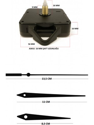 UltraMint Sessiz Quartz Duvar Saati Mekanizması Seti 16 mm Akrep, Yelkovan, Saniye