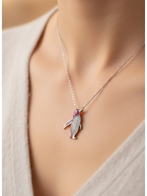 925 Ayar Gümüş Pembe Zirkon Taşlı Penguen Tasarım Trend Kadın Kolye Sevgililer Günü Hediye