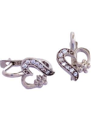 Keskin Gümüş 925 Ayar Gümüş Zirkon Taşlı Kalpli  Kar Tanesi J Model Çocuk Genç Küpe Tam Tur