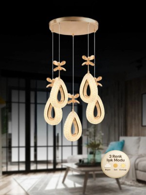 5'li Gold Renkli LED Kristal Taşlı Modern Avize, Salon ve Mutfak Için Şık Aydınlatma