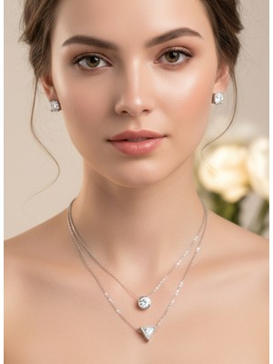 18 Ayar Altın Kaplama Tek Taş Modern Tasarım Gümüş Kadın Kolye Küpe Anneler Günü Hediye Set