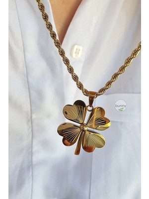 Normadia Altın Renk Yonca Tasarımlı 60 cm Paslanmaz Çelik Kolye