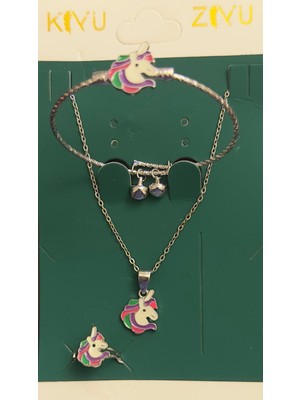 TrendyChic Çocuklar Için Unicorn Kolye Yüzük Bileklik Takı Seti