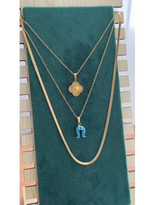 Normadia Çelik Üçlü Kolye Seti, Yonca ve Cam Boncuk Detaylar, Şanslı Takı