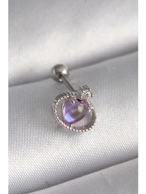 EkoAlışverişDünyam 316L Çelik Gümüş Renk Mor Mineli Kalp Zirkon Taş Detay Tragus Piercing - TJ-PR1273