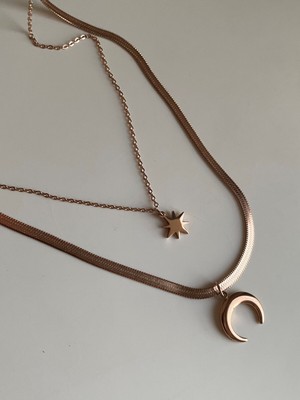 Normadia Rose Gold Çift Sıra Midnight Çelik Kolye, Şık ve Kalıcı Takı