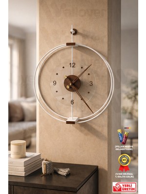 Wallover Design Büyük Boy Rosa Beyaz/ceviz Premium Çift Çemberli Kırılmaz Camlı Lüks Sessiz Duvar Saati 50X65 cm ✨