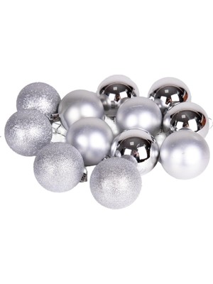 Yılbaşı Topu Simli Mat Parlak 12'li Set Gümüş 6 Cm.