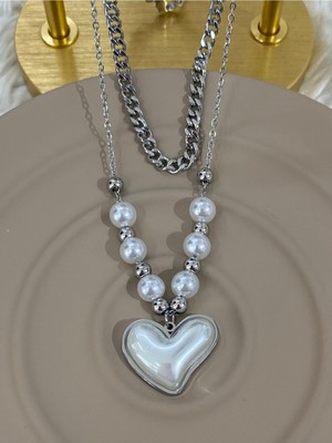 Normadia Gümüş Kalpli Çok Incili Lüks Kolye 45CM, Zarif Takı Tasarımı