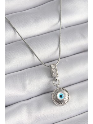 Elikaya TR 316L Çelik Gümüş Renk Zirkon Taşlı Nazar Boncuk Model Kadın Kolye