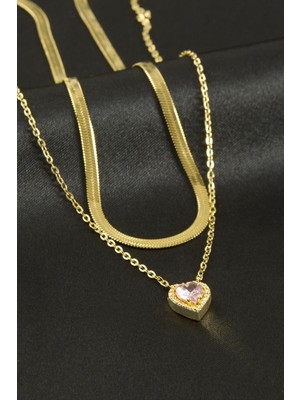 Nacario Kalp Zirkon Taşlı Çelik Ikili Kolye