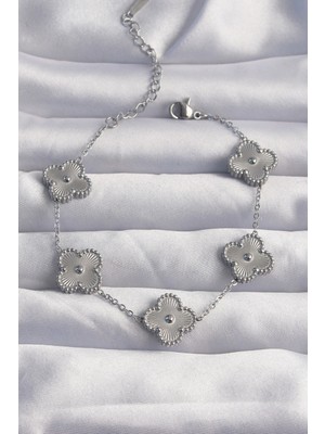 Nacario Bfs 316L Çelik Gümüş Renk Motifli Yonca Bileklik