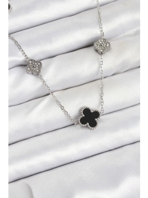 Nacario Bfs 316L Çelik Zincir Gümüş Renk Siyah ve Zirkon Taşlı Yonca Kadın Kolye