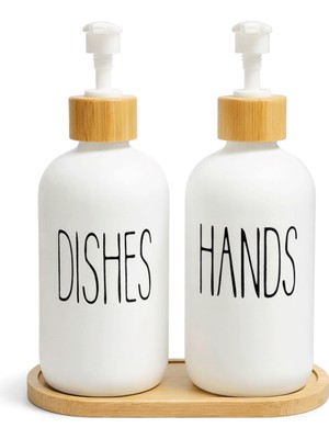 Erkugo Bambu Standlı 2’li Cam Sıvı Sabunluk Seti 550 ml | Hands & Dishes Yazılı | Mutfak ve Banyo İçin Doğal Bambu Organizer