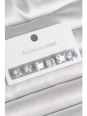 Nacario Bfs 316L Çelik Gümüş Renk Kare Zirkon Taşlı Kadın Küpe Seti