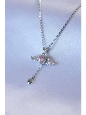 Nacario Bfs 316L Çelik Gümüş Renk Kanatlı Kalp Figür Zirkon Taş Detay Kadın Kolye