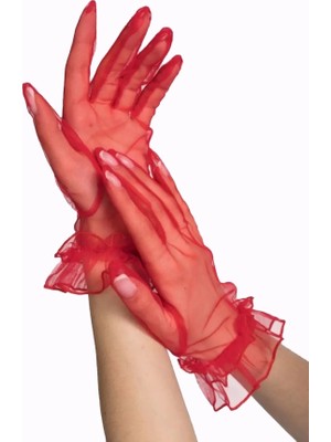 Kısa Boy Likralı Güpürlü Yetişkin Tül Eldiven Kırmızı Renk