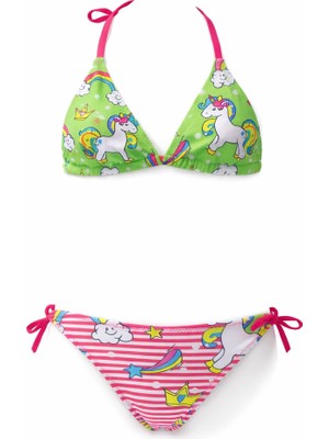 Hazelin Kız Çocuk Neon Pembe Yeşil Unicorn Temalı Bikini Takım HZL25S-LC19049