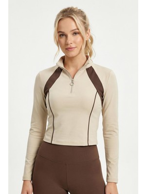 Rays Bej Şeritli Fermuarlı Sweat 8326A