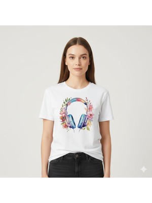 Texrium Çiçekli Kulaklık Baskılı %100 Pamuklu Kadın T-Shirt