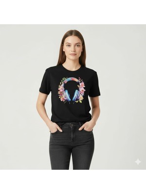 Texrium Çiçekli Kulaklık Baskılı %100 Pamuklu Kadın T-Shirt