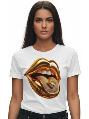 Texrium Gold Dudak Baskılı %100 Pamuk Kadın T-Shirt