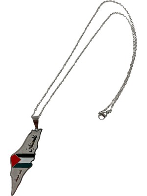 Normadia Filistin Haritası Bayraklı Gümüş Renk Zincirli Unisex Kolye 44 cm