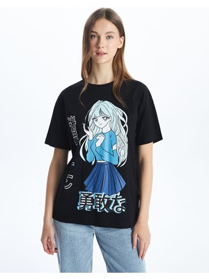 Lc Waikiki Yeni Sezon Bisiklet Yaka Anime Baskılı Kadın Tişört