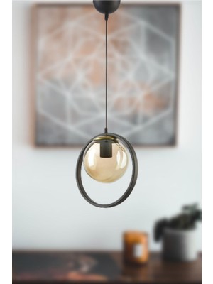 Modern Siyah Metal Halkalı Bal Camlı Tekli Avize, Şık ve Zarif Aydınlatma